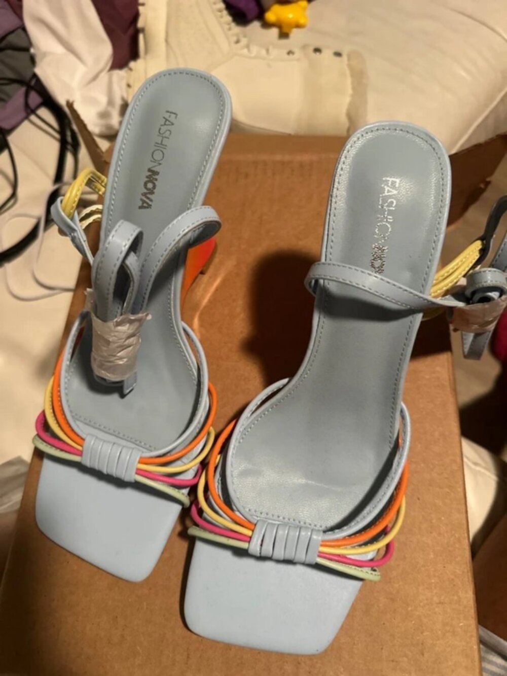 Loraine Novelty Wedges from Fashion Nova, featuring a vibrant rainbow-colored we